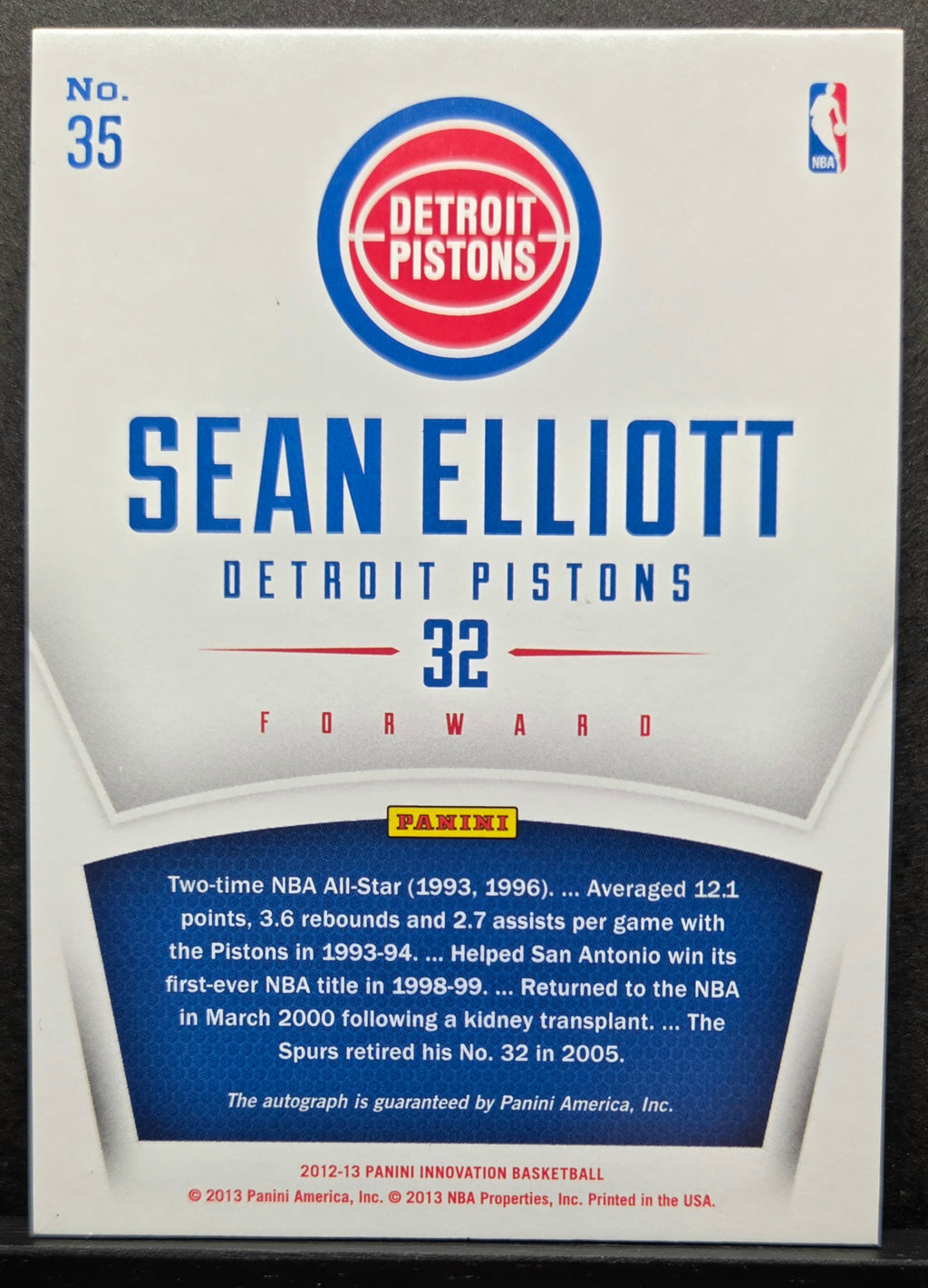 2012-13 Panini Innovation Sean Elliott Innovative Ink Auto #35