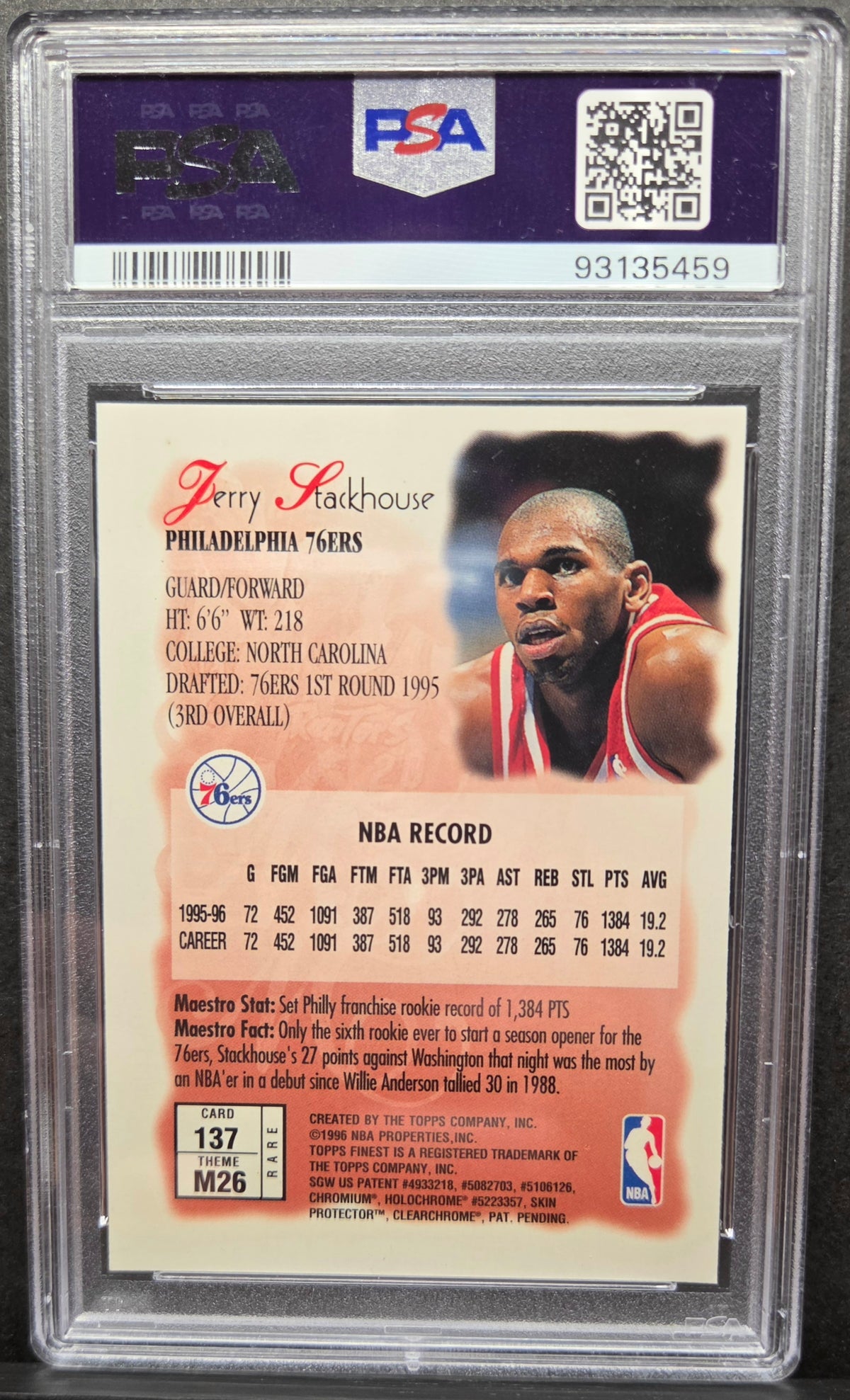 1996-97 Topps Finest Jerry Stackhouse #137 Rare Gold W/Coating PSA 8