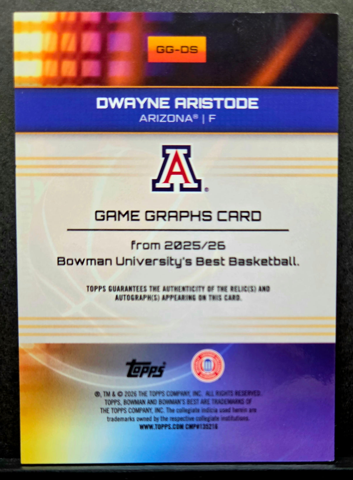2025-26 Bowman University’s Best Dwayne Aristode Game Graphs Auto Relic #GG-DS